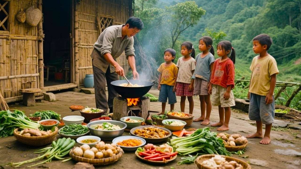 【一家七口隐居深山】爸爸买排骨回来给媳妇和孩子炖骨头汤，孩子们吃的真开心！#农村生活#隐居
