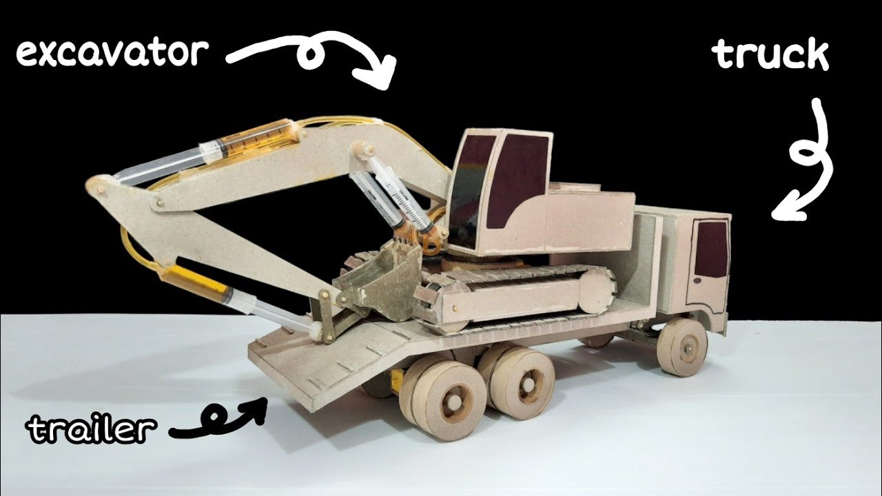 How to make excavator transport trailer. from grey cardboard paper / By: The R