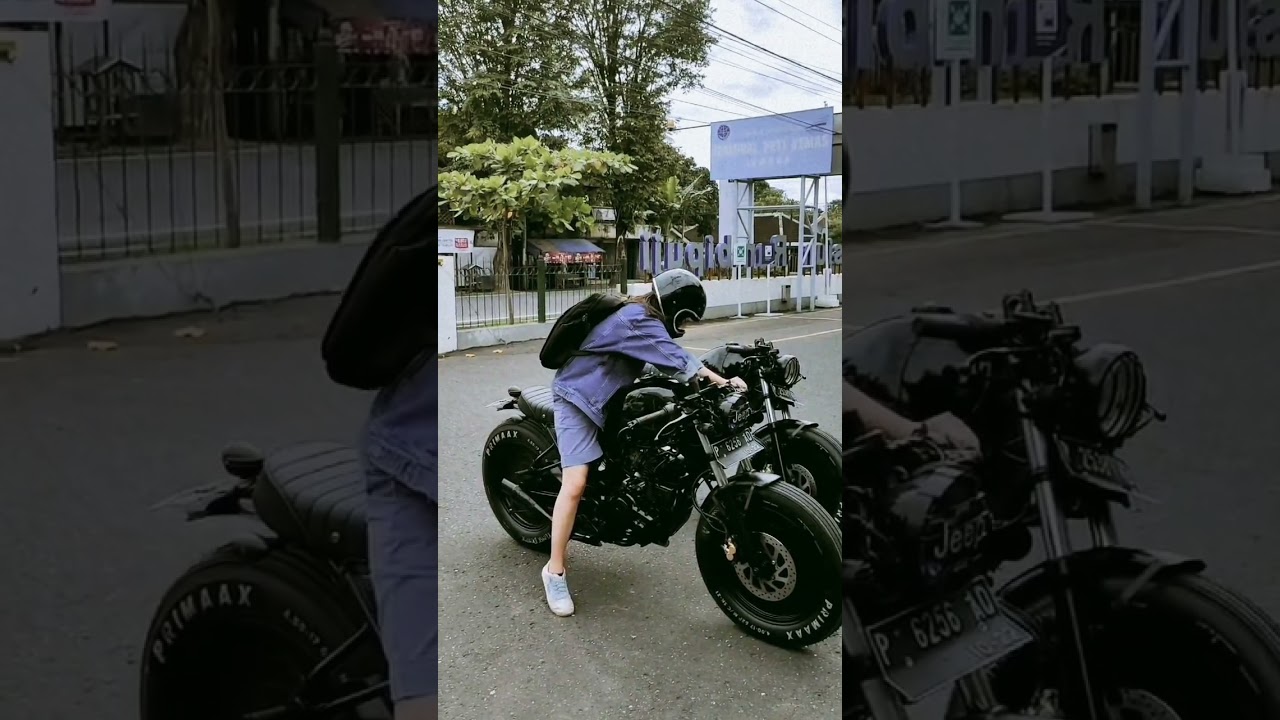 cool girl riding cafe racer