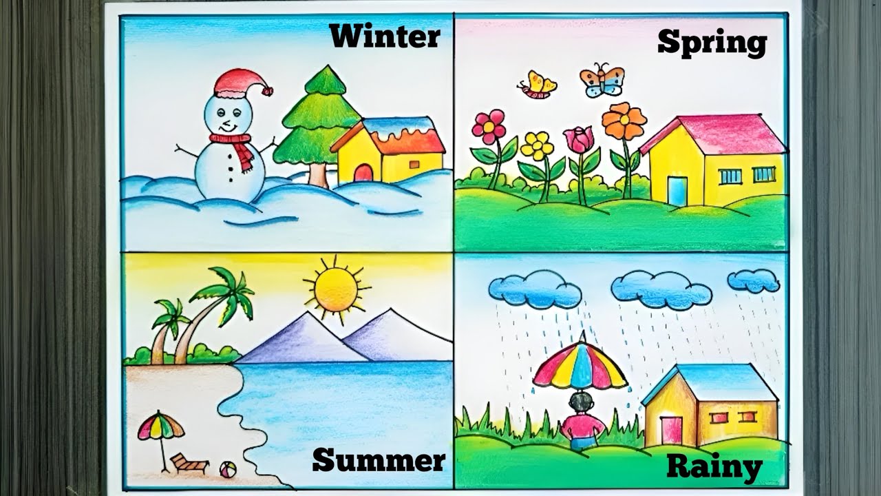 Four Seasons Drawing | How to Draw Four Seasons  | Weather Season Drawing Idea #season