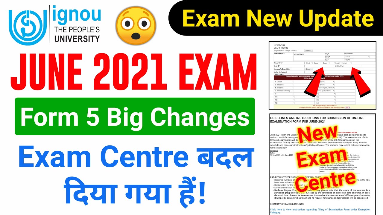 {EXAM UPDATE} IGNOU June 2021 Exam Form 5 Big Changes | Added New Exam Centre Code & Seats Increased