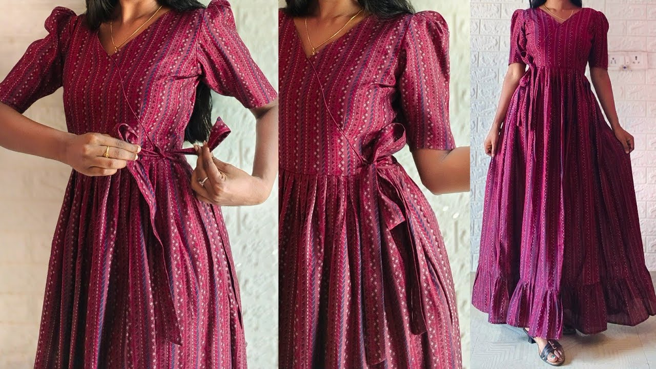 Side Waisted Wrap/Tie Dress | Puff sleeve layered dress cutting & stitching tutorial for beginners