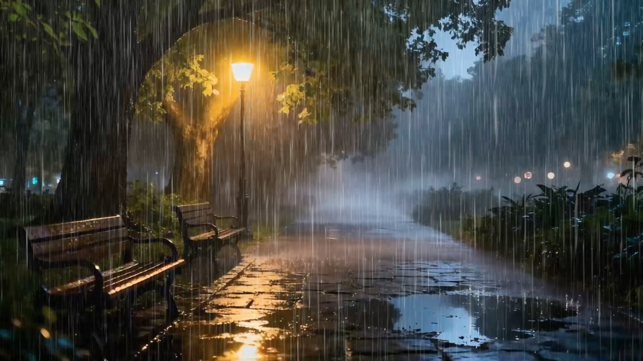 Heavy Rain Sounds at Night Beside Lonely City Park Woodland Gate for Better Sleep | Smooth Rain