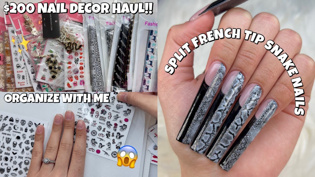 HUGE $200 NAIL ART DECORATION HAUL | 3XL SPLIT FRENCH TIP SNAKE NAILS | HOW TO USE NAIL FOILS