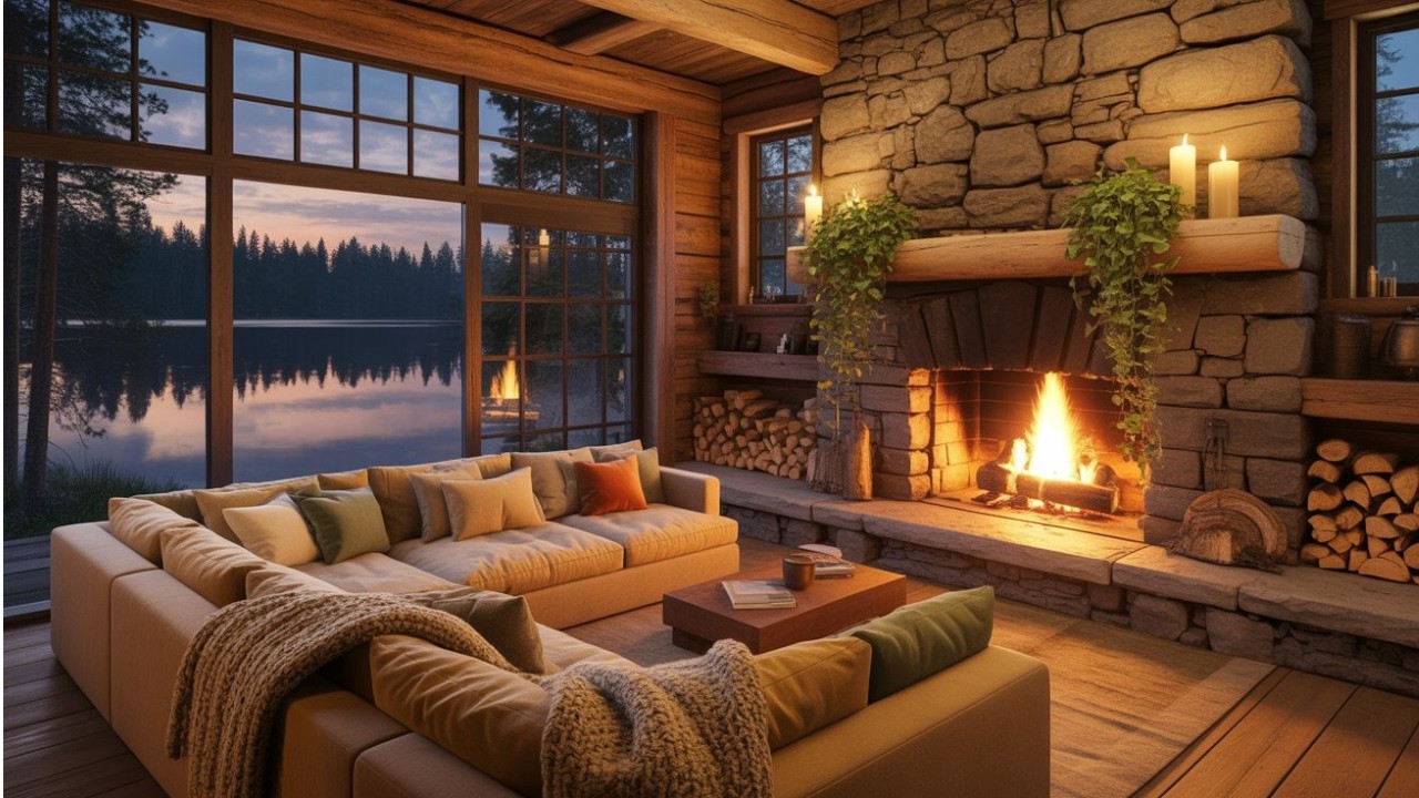 Cozy Lake Cabin Ambience 🔥 Warm Fireplace | Relaxing Music for Sleep, Study & Stress Relief | 2 hrs