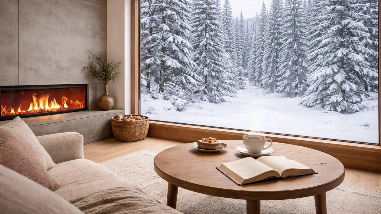 Evening Tea by the Fire  Snowy Street Calm and Study Atmosphere
