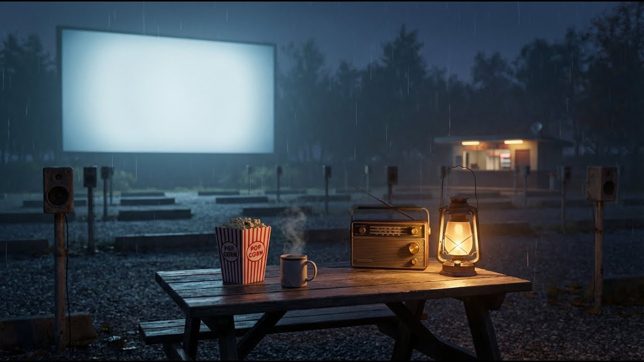 🎥 Midnight Cinema Glow – 🎷 Vintage Drive-In Rain & Smooth Jazz