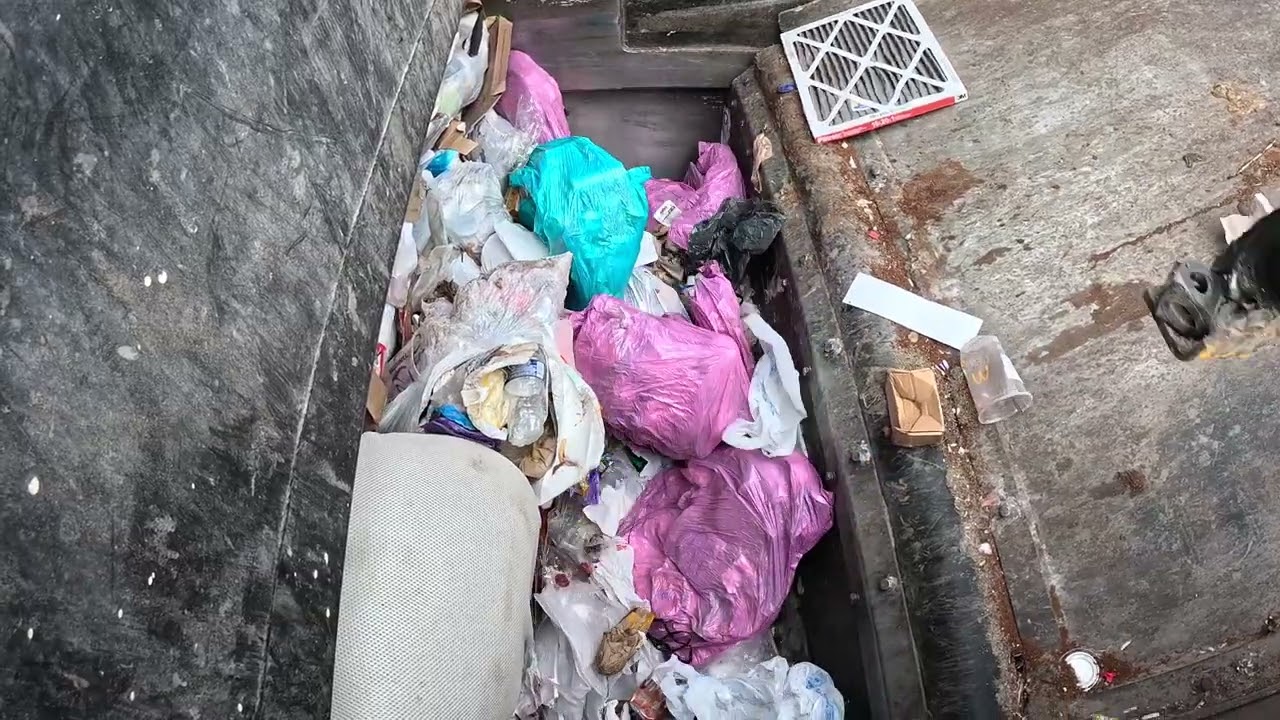 Garbage truck hopper POV: McNeilus ZR smashing trash!