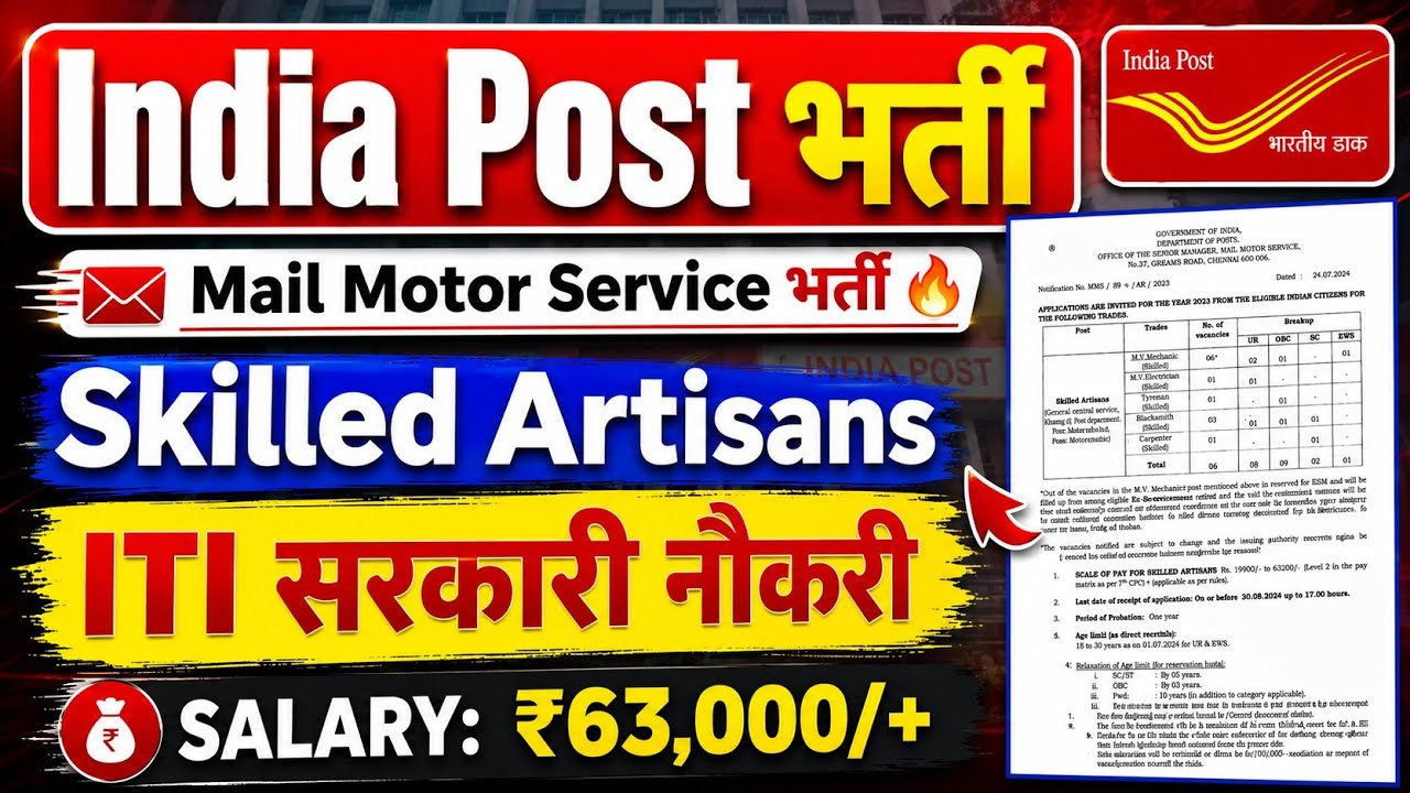 India Post Skilled Artisans New Recruitment 2026 🥳 ITI Permanent सरकारी नौकरी भर्ती 🤩|Mail Motor Job