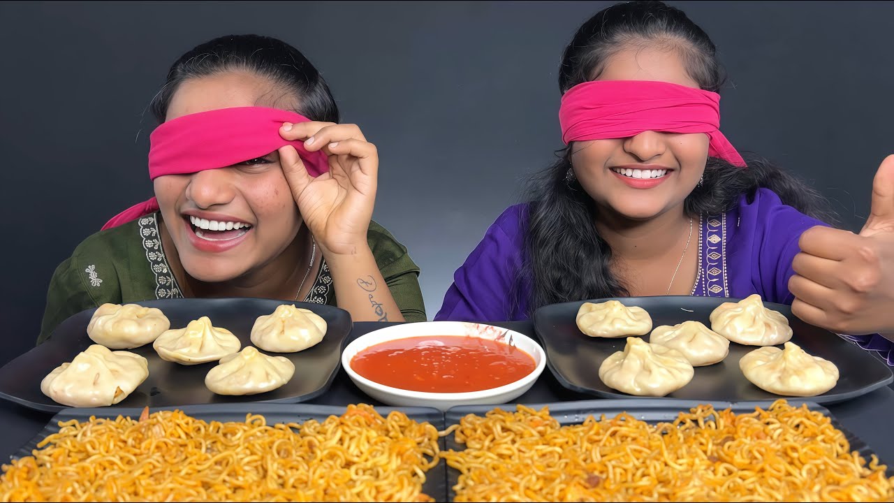 Blindfolded Eating Challenge: Momos & Noodles – Who Will Win? 🍜🙈