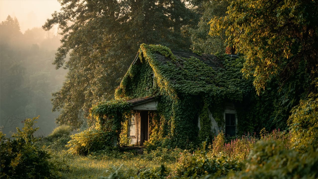 Forgotten Cottage Ambience and Music | soft piano, birds and mist hanging between ancient trees