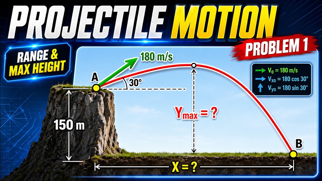 Projectile motion Problem | A projectile is fired from the edge of a 150 m cliff with an initial vel