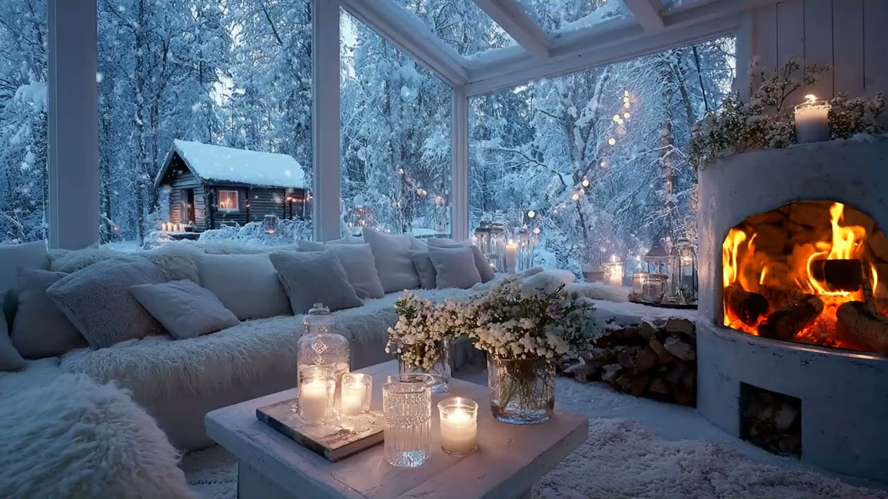 ❄️Candlelit White Lounge Piano | Snowfall Night Ambience for 3 Hours | Calm Relax Inspiration Focus