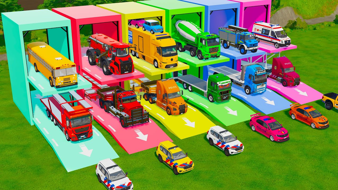 FIRE ENGINE, POLICE CARS, AMBULANCE, CONCRETE MIXER TRUCK, SCHOOL BUS TRANSPORT TO GARAGE - FS22