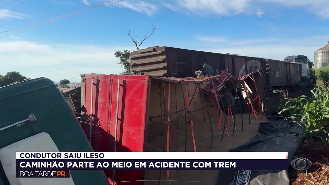 Trem parte caminhão ao meio em colisão em Cambé