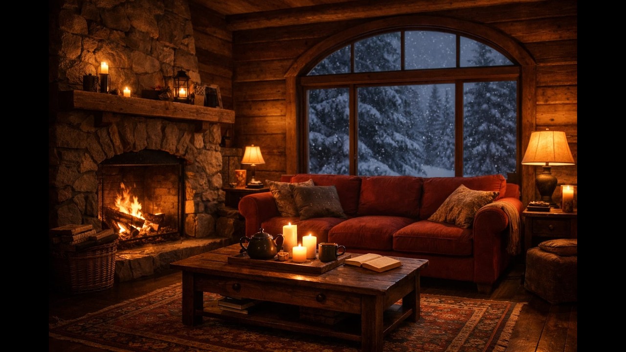 Midnight Blizzard Café Ambience ☕🔥 Smooth Jazz & Fire Sounds for Sleep & Focus