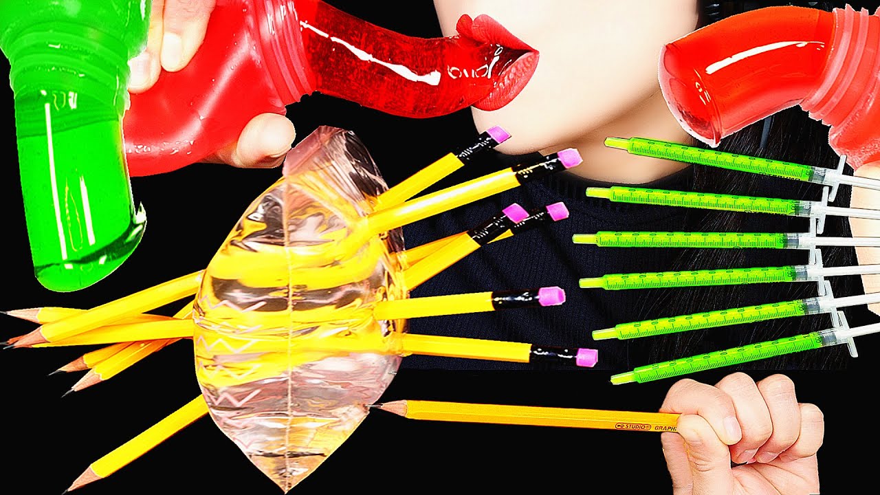 ASMR HONEY JELLY EATING SOUNDS + DRINKING SOUNDS 신기한 물 먹방, PENCIL HACK, SHOOTER, 꿀젤리 먹방 Abbey ASMR