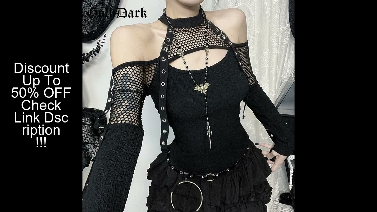 Goth Dark Punk Grunge Fishnet Patchwork Off Shoulder T-shirts Trim Corn Strap Halter Tops Autumn Mal