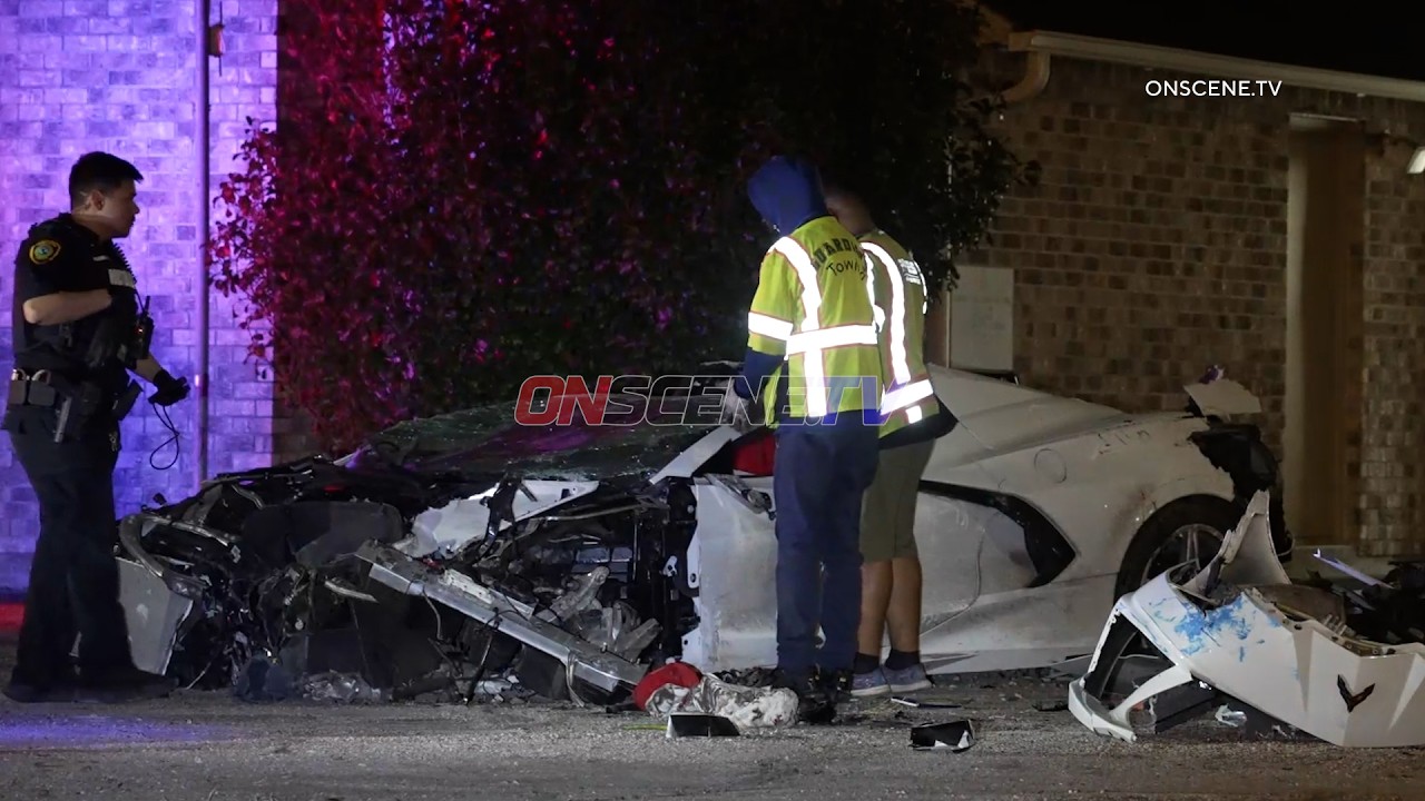 Corvette Crashes Into Building During Police Pursuit, Houston, TX