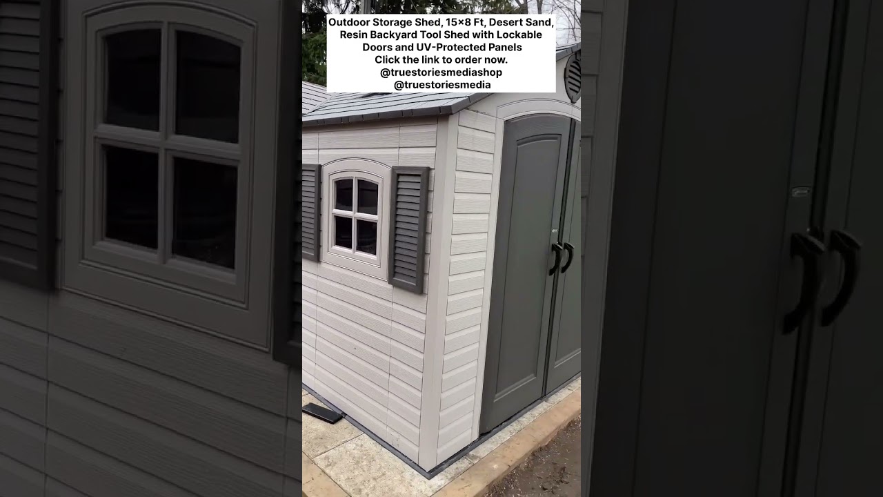 Outdoor Storage Shed, 15x8 Ft, Desert Sand, Resin Backyard Tool Shed with Lockable Doors