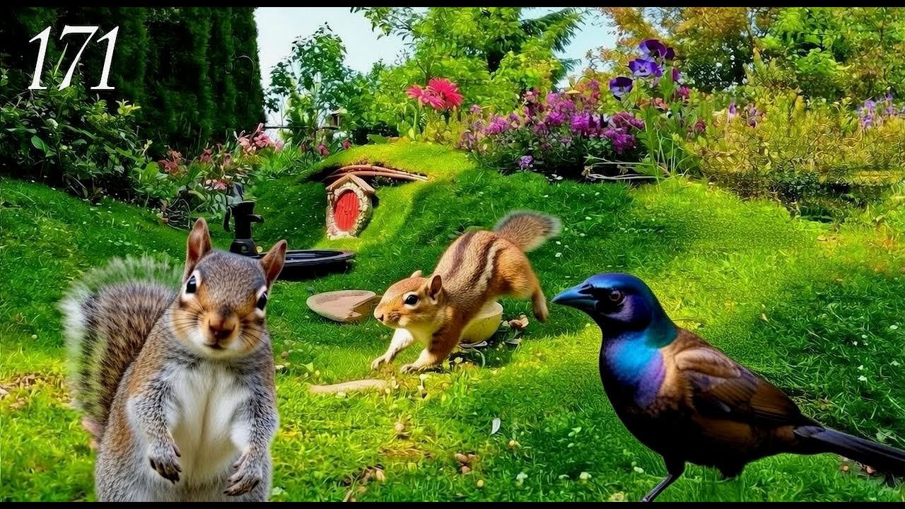 Cat TV: Chipmunks, Birds and Squirrels in a Beautiful Garden. 4K. Episode 171