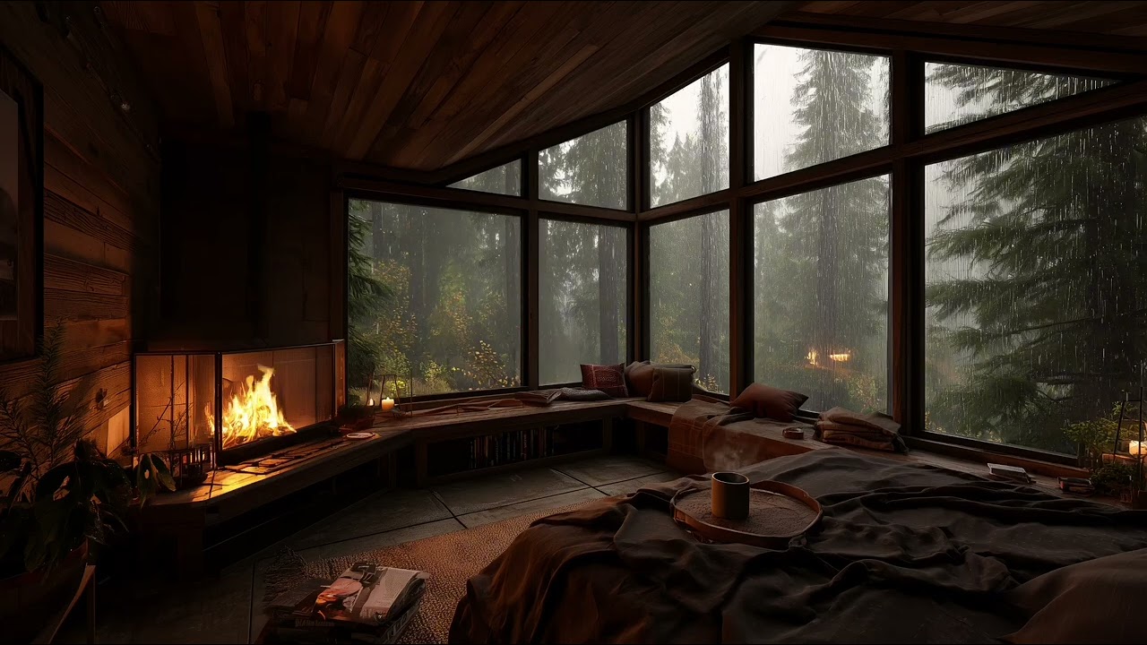 Cozy Rainy Forest Cabin with Fireplace 🔥 | Rain & Thunder Sounds for Sleep, Study & Relaxation