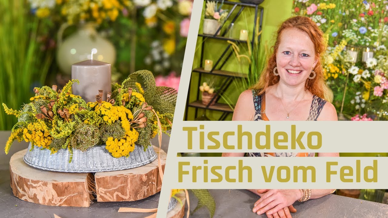 Sommerliche Tischdeko mit Rainfarn | Tischschmuck im Shabby Chic auf Baumscheiben
