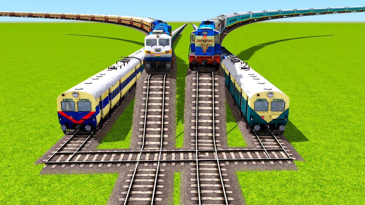 TWO SQUARE RAILWAY TRACKS MEMU TRAINS VS TWO FLYING RAILROAD TRACKS TRAINS|🔺 Train simulator|
