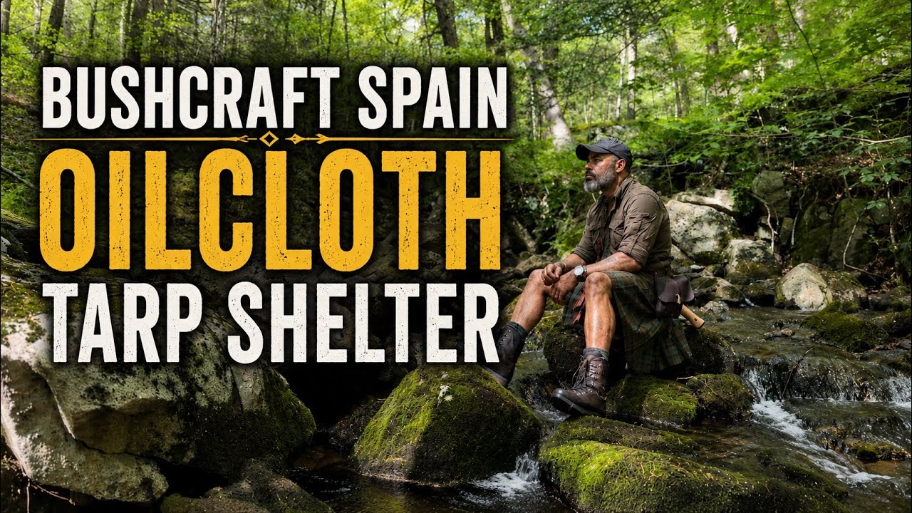 Bushcraft Spain Plough Point Poncho Shelter, Oilskin Bedroll, Bear, on a Woodland Stream