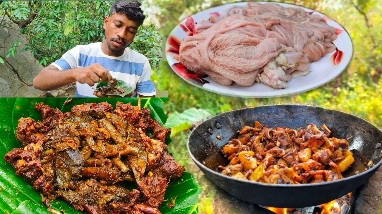 GOAT INTESTINE FRY cooking & eating village style || mutton boti recipe 