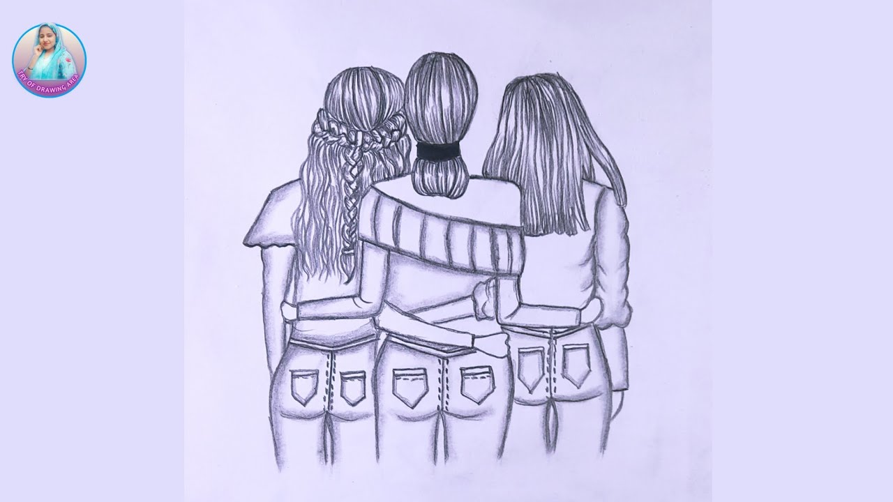 How to draw a picture of three female best friends || Easy best friend drawing (back side)