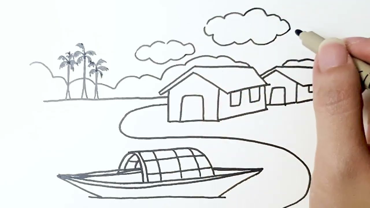 Easy River Landscape Drawing | Vẽ Cảnh Sông Quê Đơn Giản 1 Phút | Village Scenery Art 