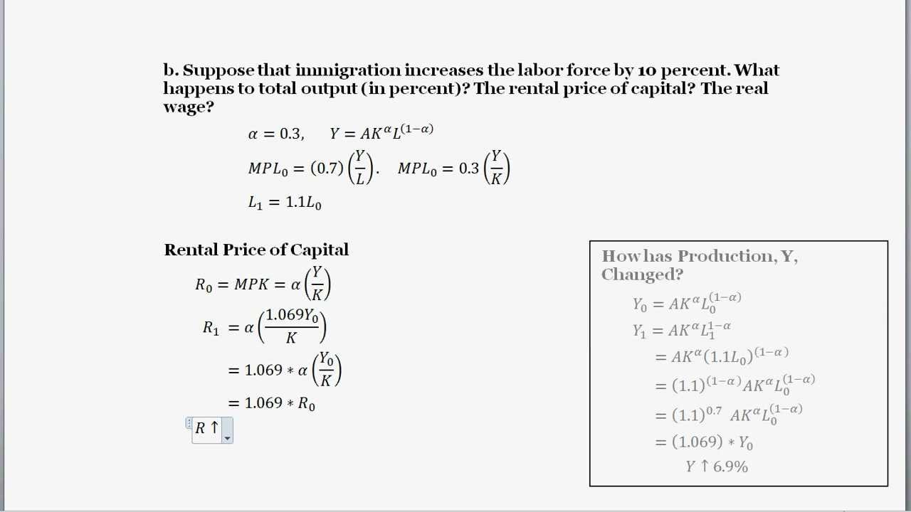 Find Changes in the Fraction of Income to Labor, Output, Rental Price of Capital and the Real Wage