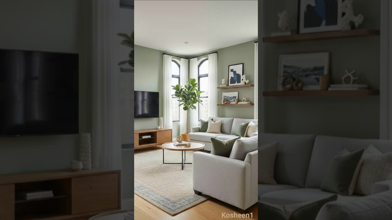 modern living room, gray sofa, green accents, wooden furniture, arched windows, sheer curtains,