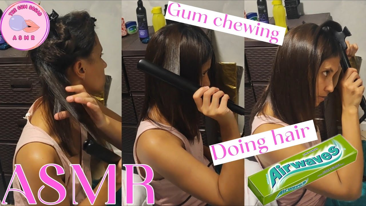 Doing my hair late night😴💤 Chewing lime & ginger airwaves gum💆‍♀️