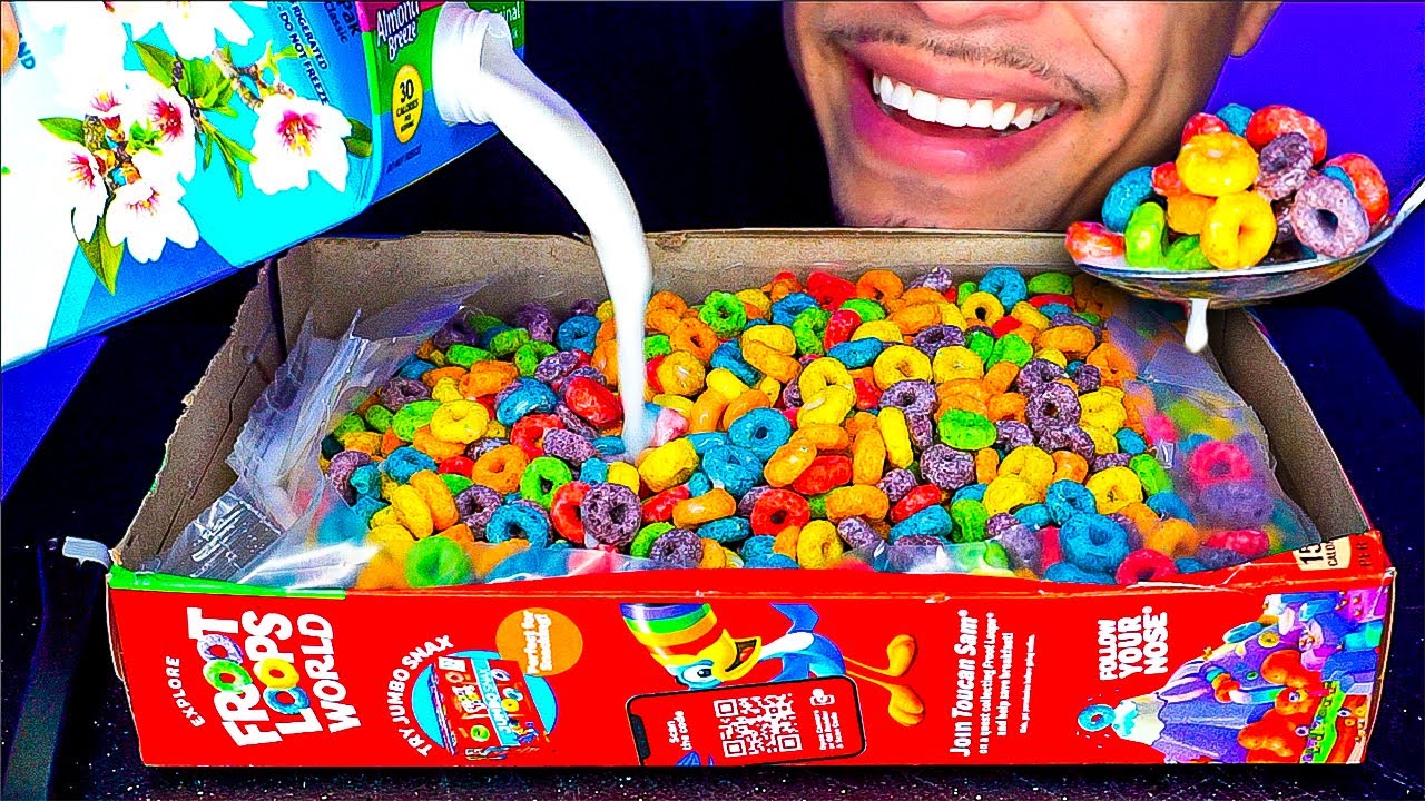 ASMR EATING FROOT LOOPS OUT OF THE BOX MILK POUR SPOON MOUTH SOUNDS NO TALKING LIFE HACK