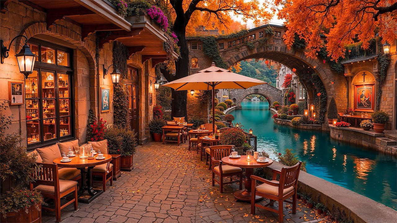 Autumn Coffee Shop Ambience by the Riverside 🍂 Warm Jazz Music for Studying, Work 🍂 Relaxing Jazz