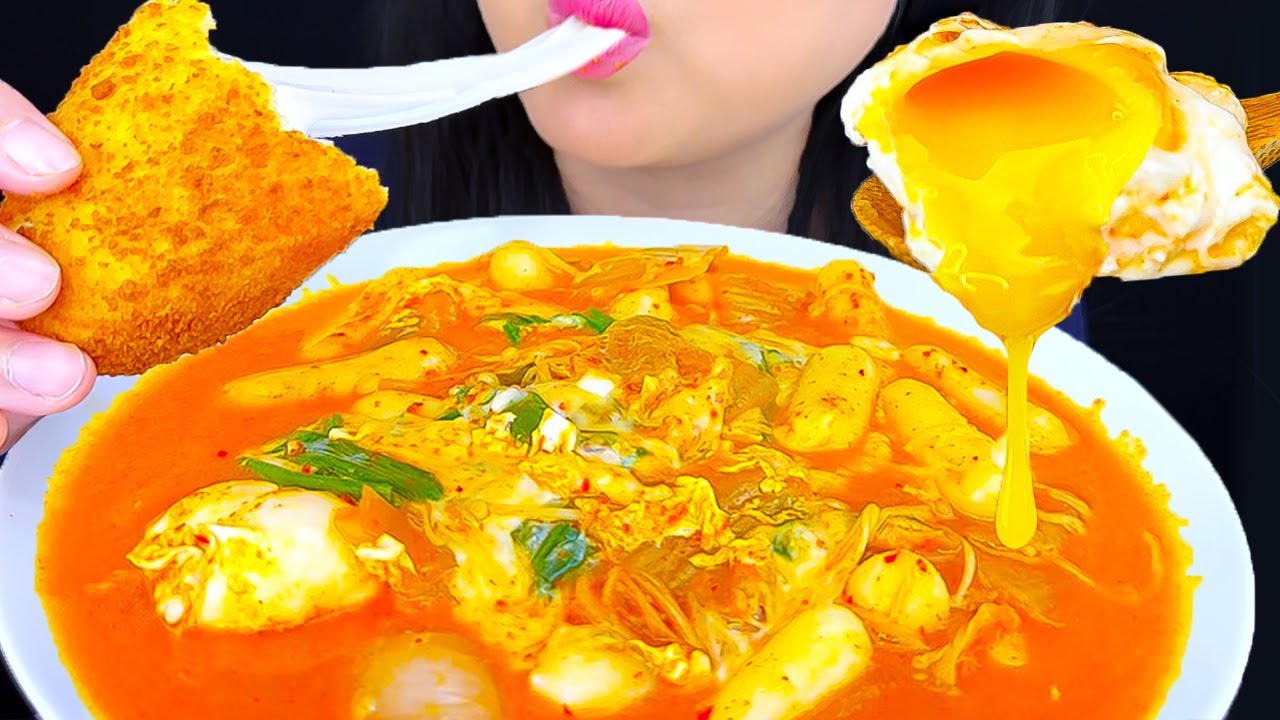 Asmr Mukbang | Mozzarella Corndog with Spicy Rice Cakes Noodles and Soft Boil Eggs | Eating Sounds