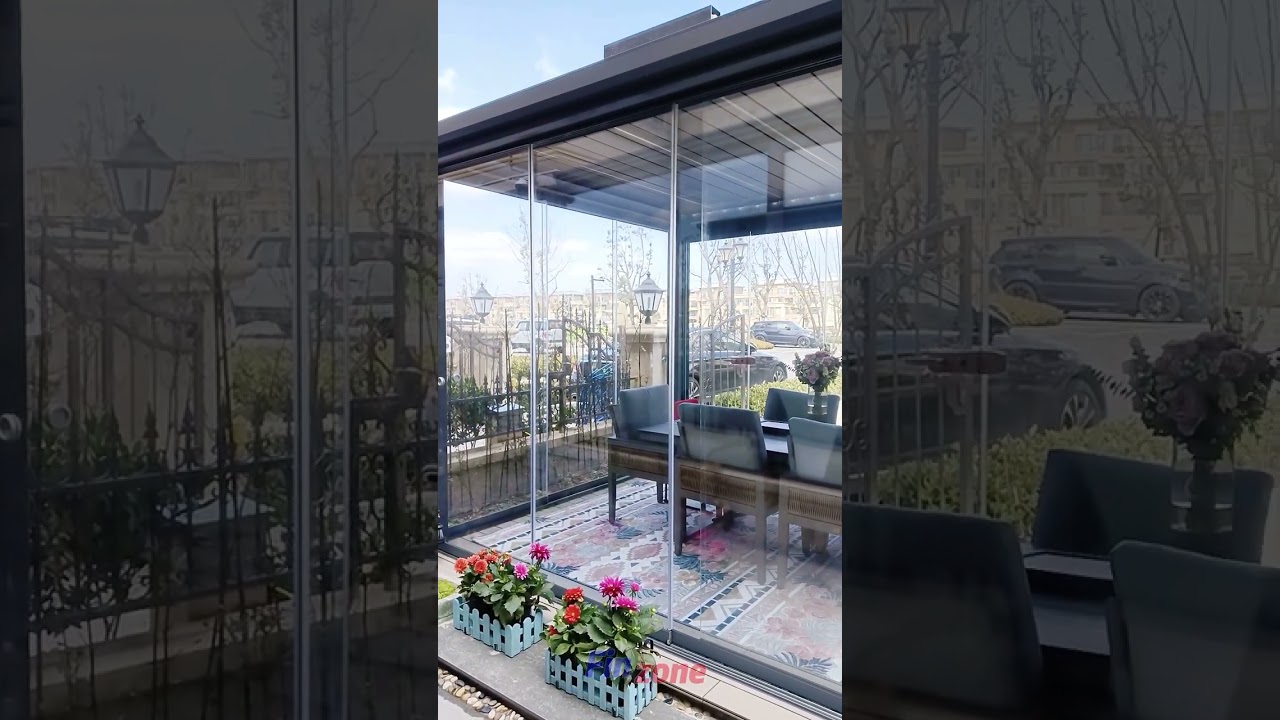Fz25 frameless sliding glass door, continuous sliding partition patio with JR10 pergola case-14