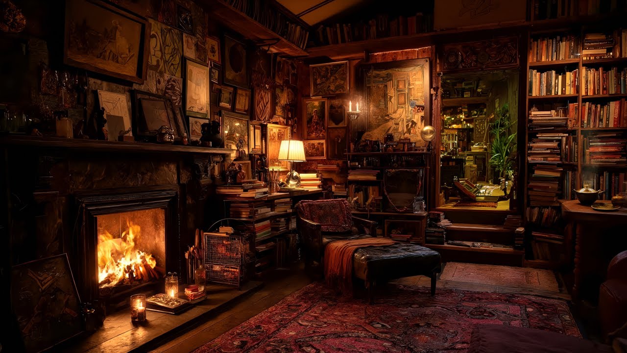Warm Fireplace: Relaxing Home Library Ambience for 8 Peaceful Hours