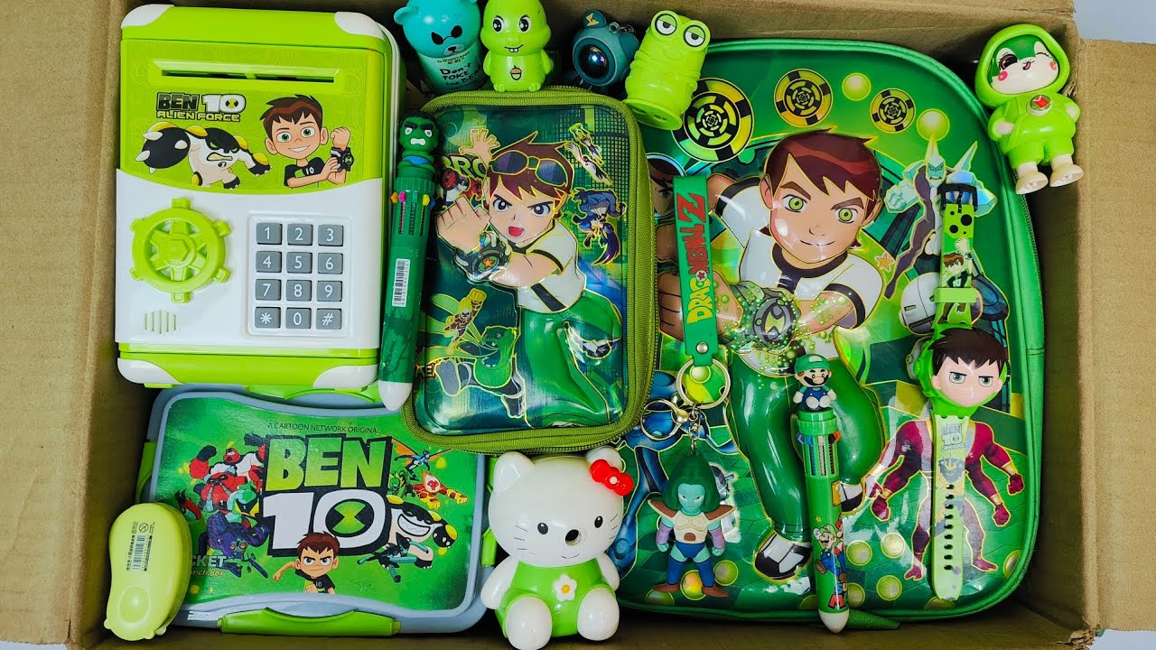 Unboxing New Green BEN 10 Stationery📚 School Bag, Watch, PiggyBank, Geometry Box, Lunchbox, Eraser