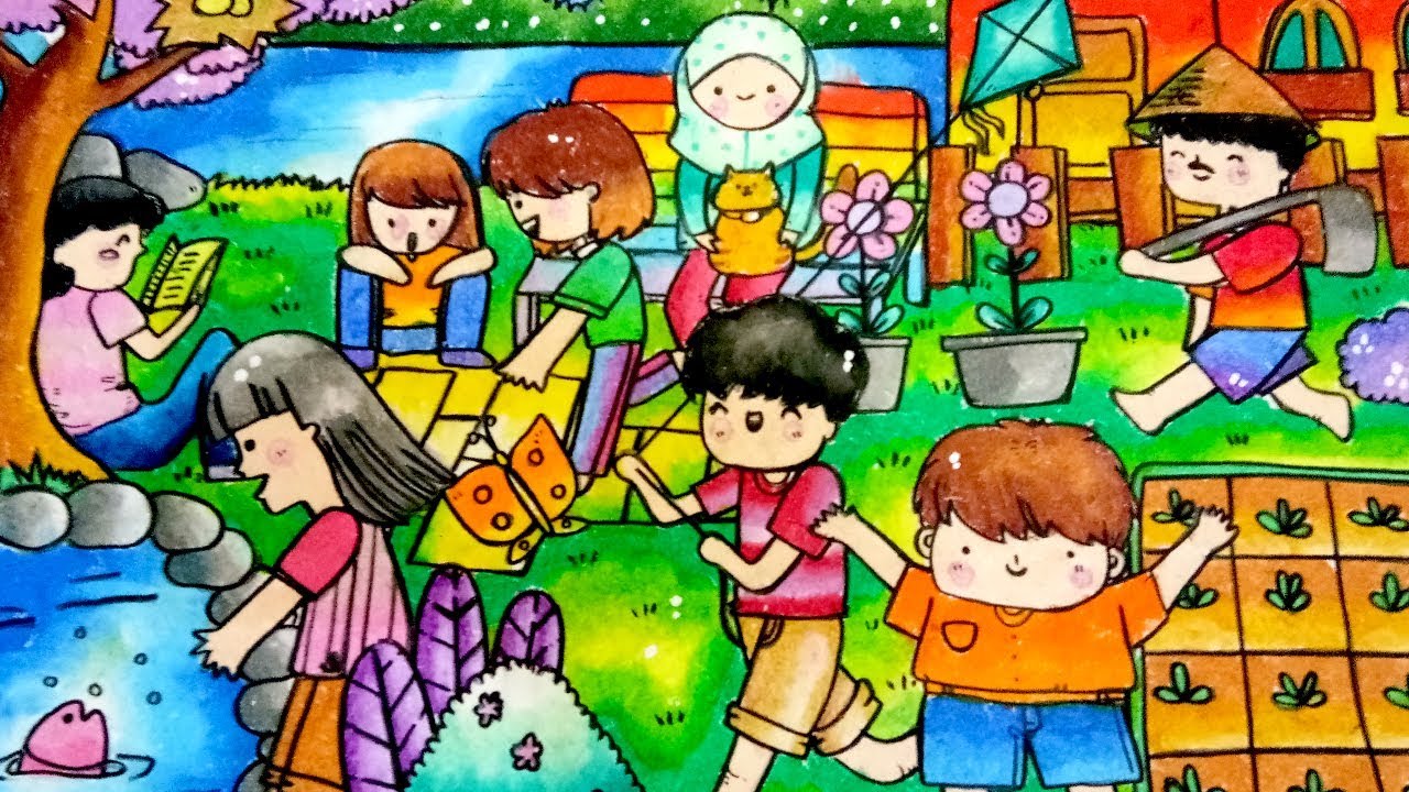 Cara Menggambar Ilustrasi Pemandangan bermain -Gradasi Warna dengan Oil Pastel (Crayon) untuk pemula