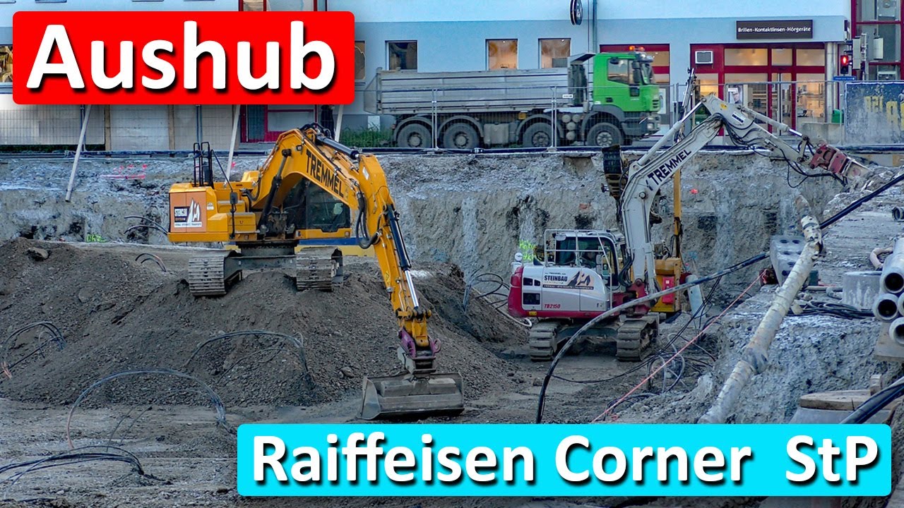 JCB 220X SLC und Takeuchi TB2150 in der Baugrube (Raiffeisen Corner StP)