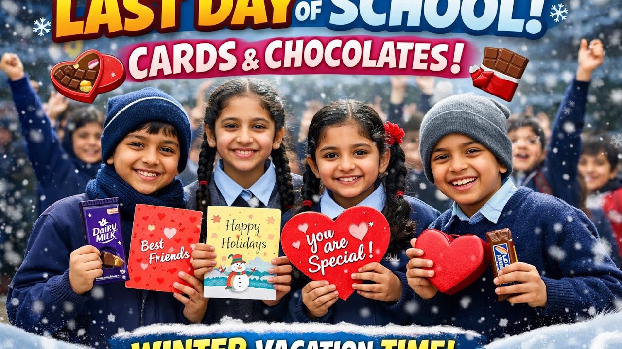 Enjoy Winter Vacation | Last Day of School Celebration | Students with Cards & Chocolates