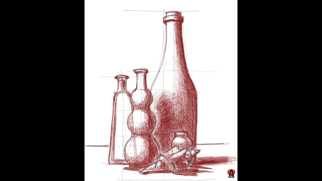 Video con interpretazione grafica di natura morta “ bottiglie su tavolo” - 1^ parte: disegno e ombre