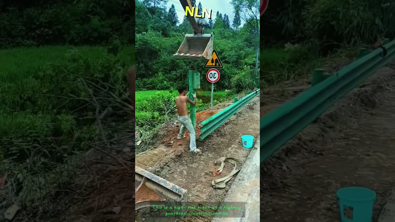 A dangerous moment during highway guardrail installation