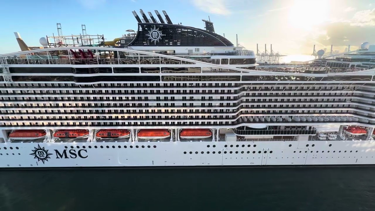 MSC World America 12/6/25 cruising by on Norwegian Encore! Explore visit at www.anywhere24travel.com