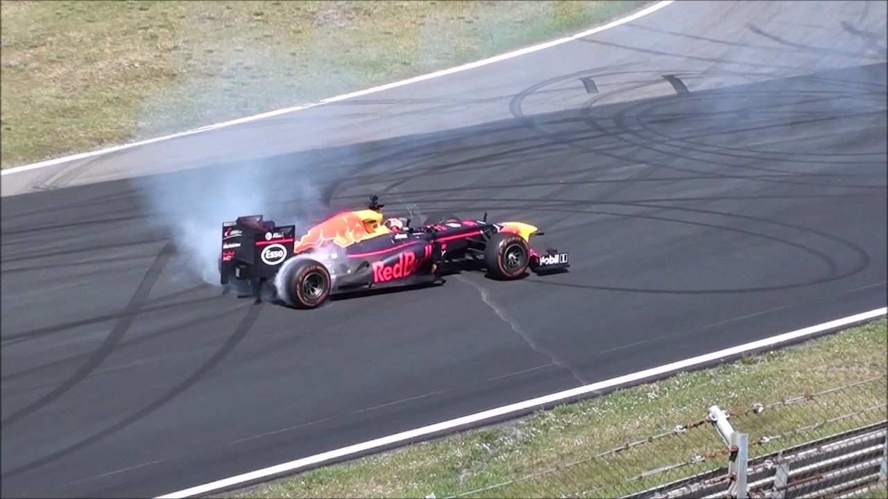 Max Verstappen spinning donuts in his F1 car