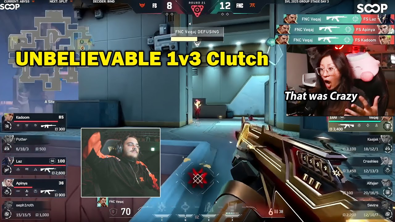 Yinsu Reacts to FNC Veqaj&rsquo;s UNBELIEVABLE 1v3 Clutch to Win the Map vs FULL SENSE in SOOP Valorant