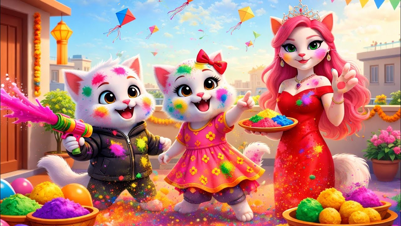 Cute Cats Ki Holi Masti 🌈 | Kids Cartoon Holi Story 🐱🎨